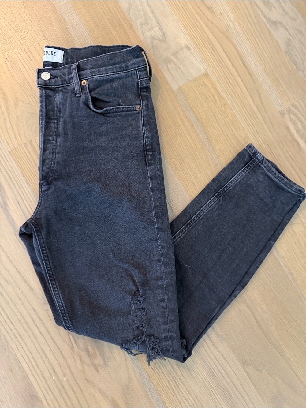 Agolde High-Rise Washed Black Skinny Jeans with Hem Distress